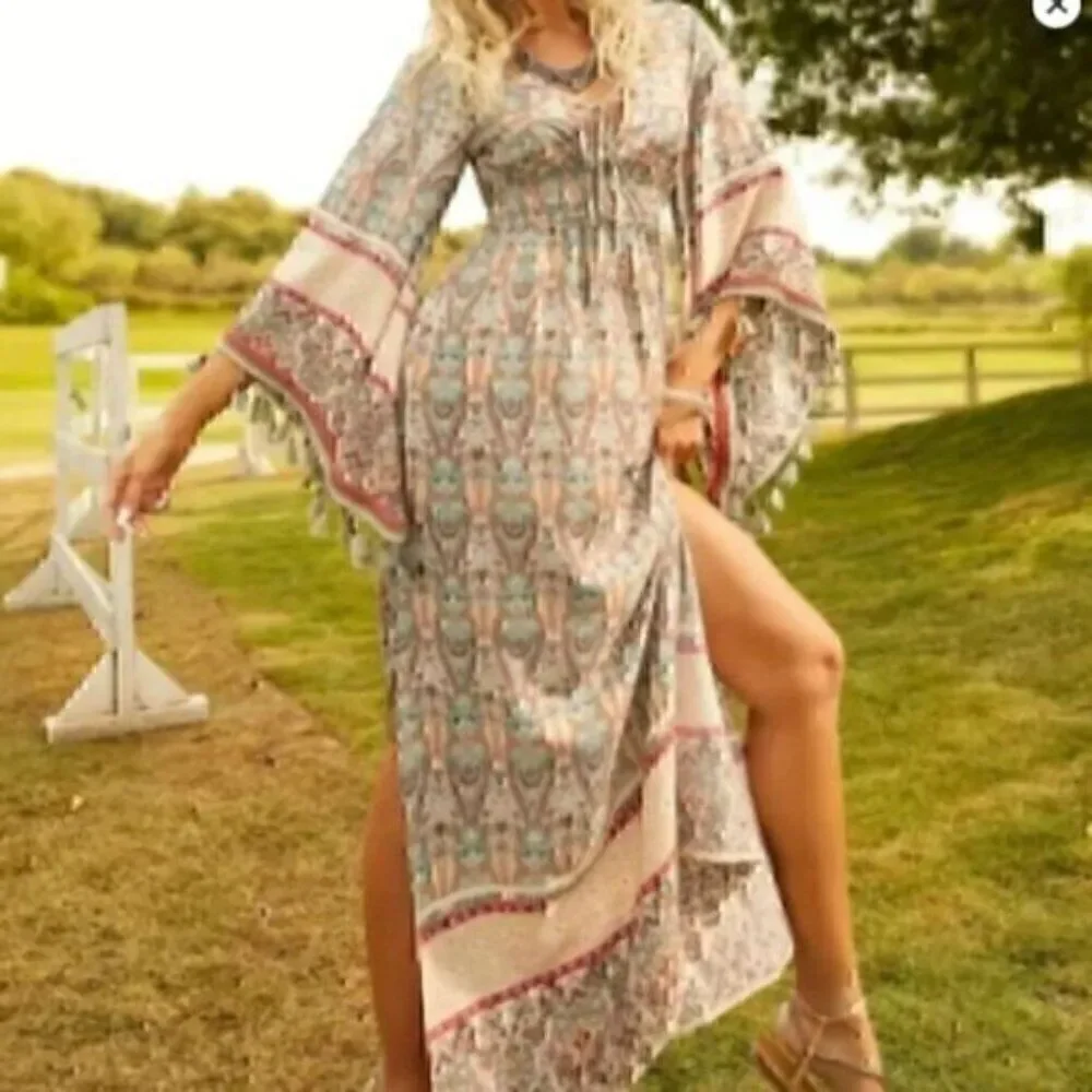Bohemian Floral Print Woven Bell Sleeve Flounce Peasant Maxi Hippie Dress L - Picture 3 of 12